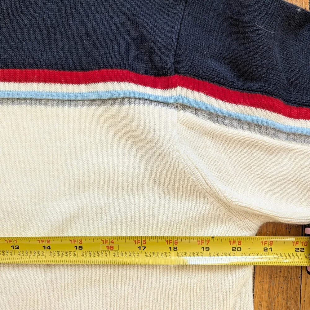 90s Vintage Mens Cream 3D Knit Colorblock Tennis Sweater Medium Varsity Preppy